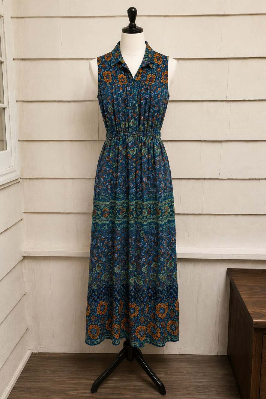 Love Reign Blue Boho Floral Maxi Dress Sleeveless Smocked Neck Size S